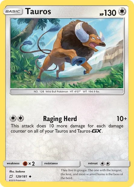 Tauros, Pokémon card TEU 129 — Team Up set