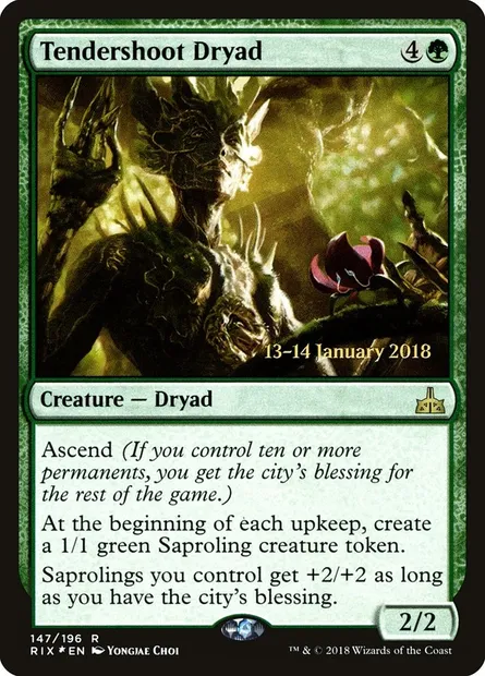 Dryade de jeunes pousses, carte Magic PRIX 147s — extension Rivals of Ixalan Promos