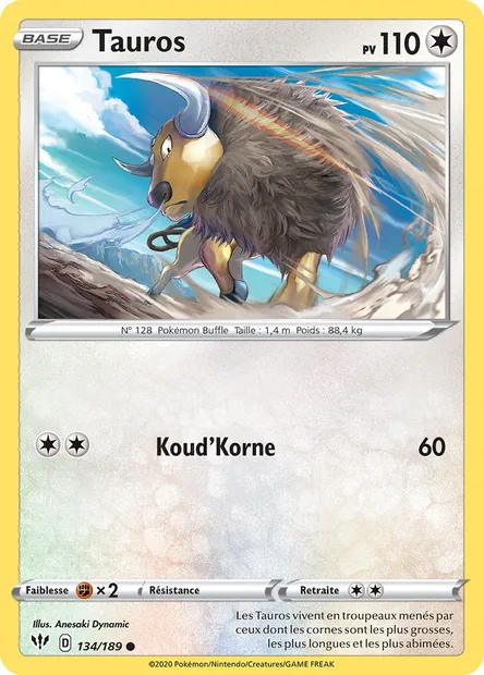 Tauros, carte Pokémon DAA 134 — extension Ténèbres Embrasées