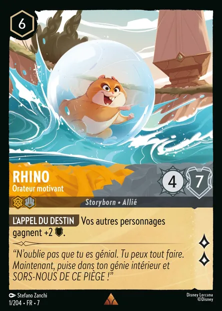 Rhino - Orateur motivant, carte Disney Lorcana CH7-001 — extension L'île d'Archazia