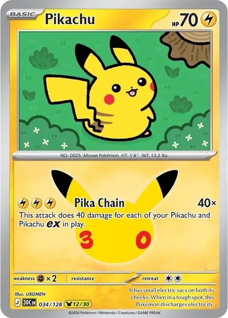 Pikachu, Pokémon card 30C 034 — 30th Celebration set