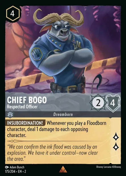 Chief Bogo - Respected Officer, Disney Lorcana card CH2-175 — Rise of the Floodborn set