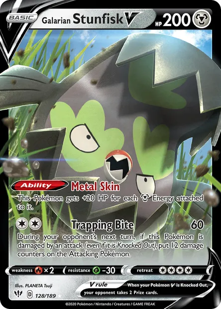 Galarian Stunfisk V, Pokémon card DAA 128 — Darkness Ablaze set