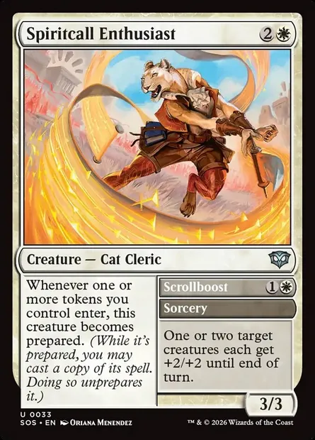 Spiritcall Enthusiast // Scrollboost, Magic card SOS 33 — Secrets of Strixhaven set