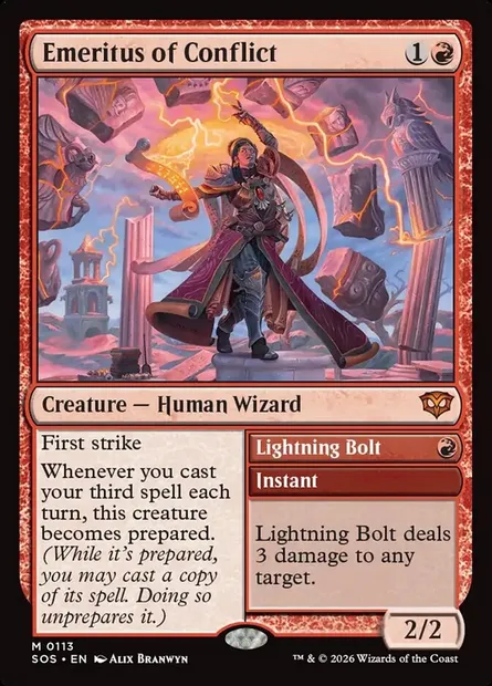 Emeritus of Conflict // Lightning Bolt, Magic card SOS 113 — Secrets of Strixhaven set