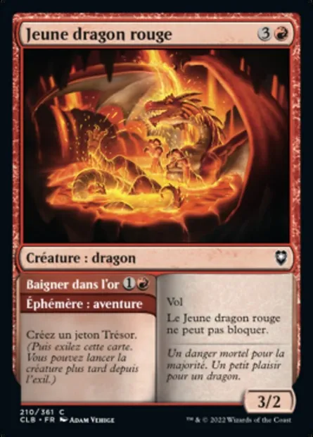 Jeune dragon rouge // Baigner dans l'or, carte Magic CLB 210 — extension Commander Légendes : la bataille de la Porte de Baldur