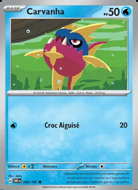 Carvanha, carte Pokémon OBF 046 — extension Flammes Obsidiennes