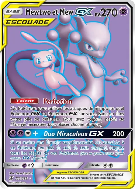 Mewtwo et Mew GX, carte Pokémon UNM 222 — extension Harmonie des Esprits
