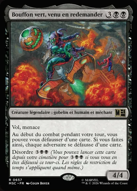 Bouffon vert, venu en redemander, carte Magic MSC 657 — extension Marvel Super Heroes Commander