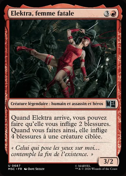 Elektra, femme fatale, carte Magic MSC 687 — extension Marvel Super Heroes Commander