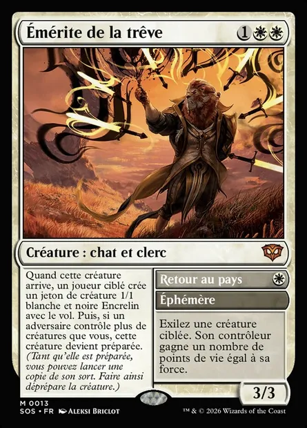 Émérite de la trêve // Swords to Plowshares, carte Magic SOS 13 — extension Secrets of Strixhaven