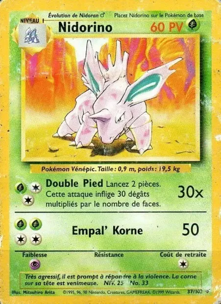 Nidorino, carte Pokémon BS 37 — extension Set de Base