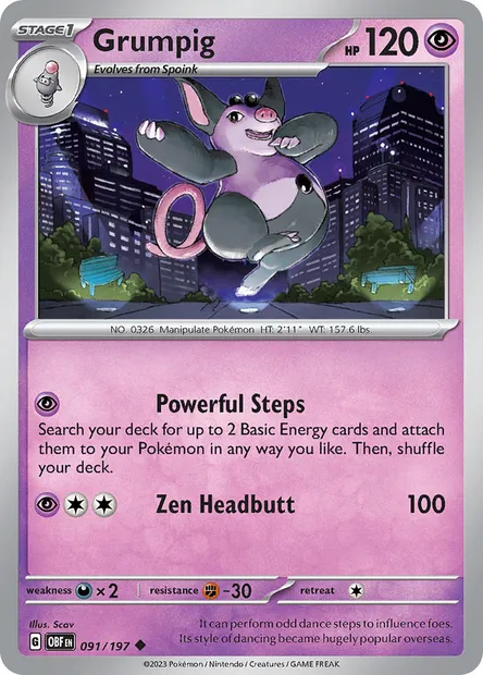 Grumpig, Pokémon card OBF 091 — Obsidian Flames set