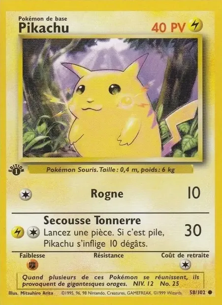Pikachu, carte Pokémon BS 58 — extension Set de Base