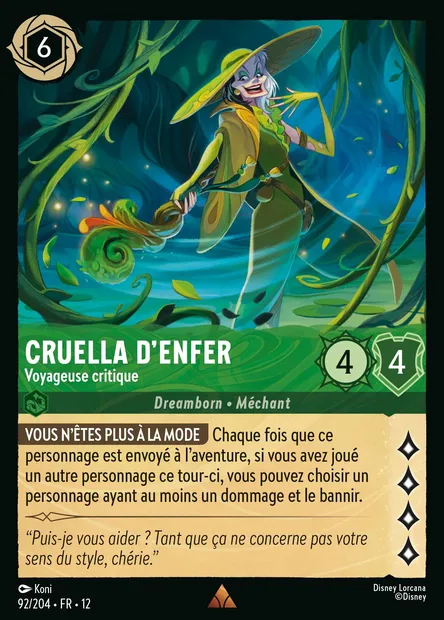Cruella d'Enfer - Voyageuse critique, carte Disney Lorcana CH12-092 — extension Contrées Inconnues