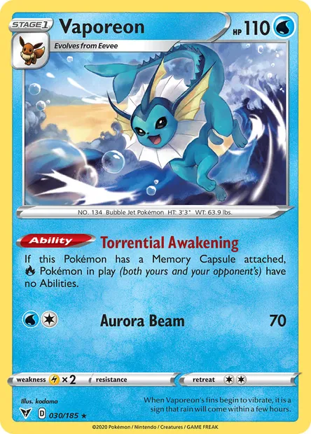 Vaporeon, Pokémon card VIV 30 — Vivid Voltage set
