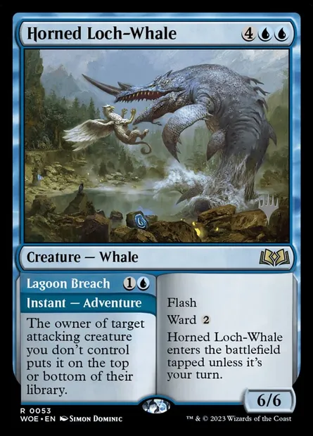 Baleine de loch à corne // Brèche du lagon, carte Magic PWOE 53p — extension Wilds of Eldraine Promos