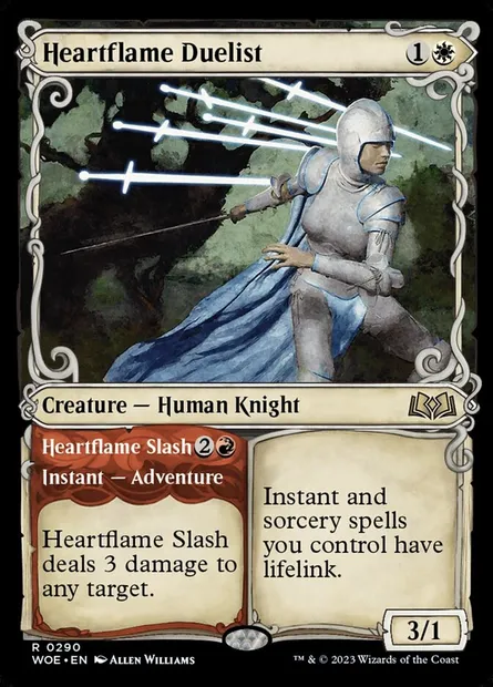 Duelliste flammecoeur // Balafre de flammecœur, carte Magic WOE 290 — extension Wilds of Eldraine