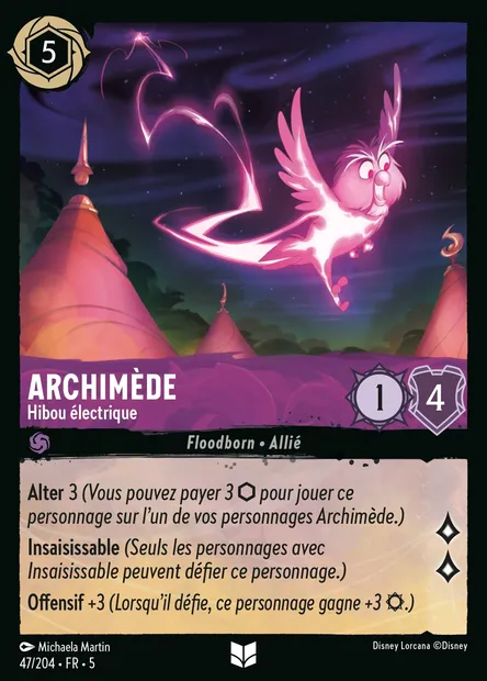 Archimède - Hibou électrique, carte Disney Lorcana CH5-047 — extension Ciel Scintillant