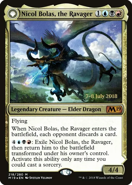 Nicol Bolas, le dévastateur // Nicol Bolas, le transcendé, carte Magic PM19 218s — extension Core Set 2019 Promos