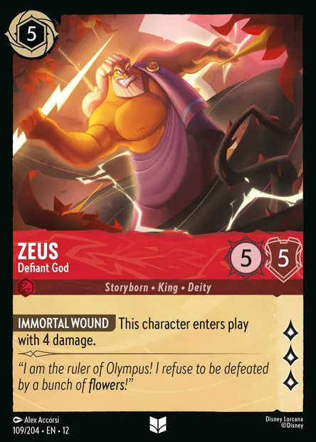 Zeus - Defiant God, Disney Lorcana card CH12-109 — Wilds Unknown set