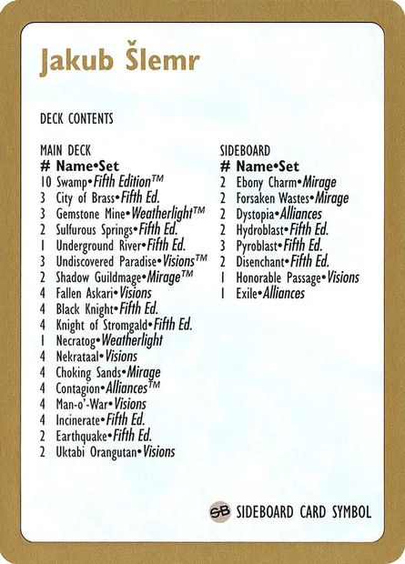 Jakub Šlemr Decklist, Magic card WC97 js0b — World Championship Decks 1997 set