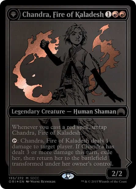 Chandra, Fire of Kaladesh // Chandra, Roaring Flame, Magic card PS15 135 — San Diego Comic-Con 2015 set