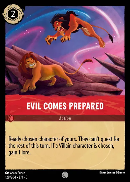 Evil Comes Prepared, Disney Lorcana card CH5-128 — Shimmering Skies set