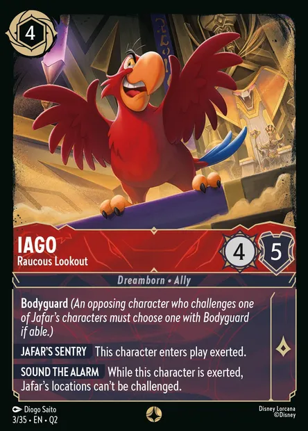 Iago - Raucous Lookout, Disney Lorcana card Q2-003 — Illumineer's Quest: Palace Heist set