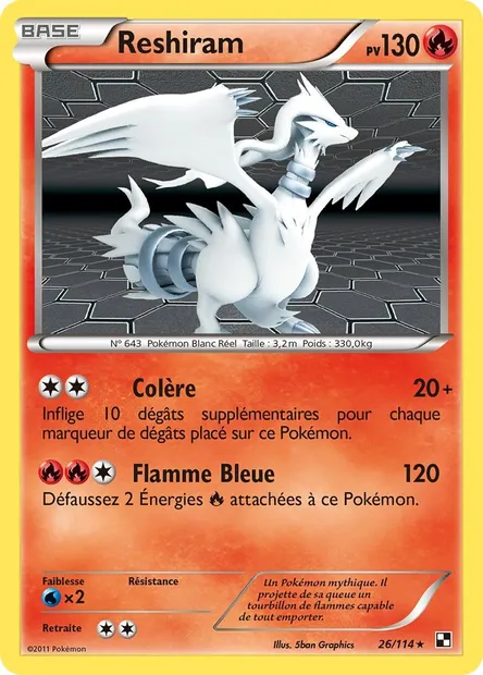 Reshiram, carte Pokémon BLW 26 — extension Noir & Blanc