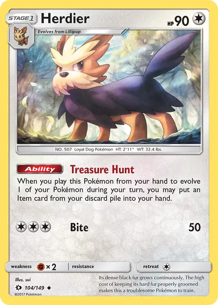 Herdier, Pokémon card SUM 104 — Sun & Moon set