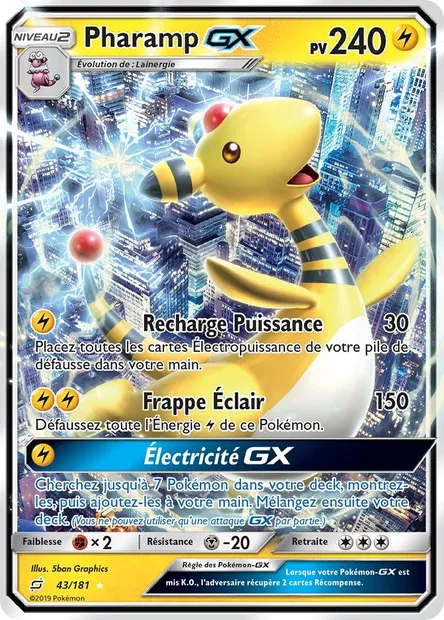 Pharamp GX, carte Pokémon TEU 43 — extension Duo de Choc