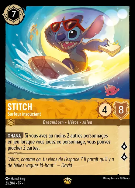 Stitch - Surfeur insouciant, carte Disney Lorcana CH1-021 — extension Premier Chapitre