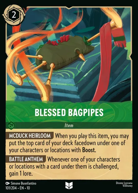 Blessed Bagpipes, Disney Lorcana card CH10-101 — Whispers in the Well set