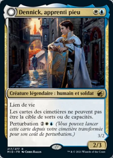 Dennick, apprenti pieu // Dennick, apparition pieuse, carte Magic MID 217 — extension Innistrad : chasse de minuit