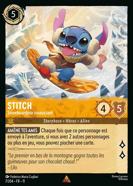 Stitch - Snowboardeur insouciant, carte Disney Lorcana CH11-007 — extension Givresort