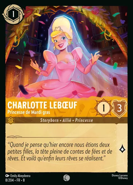 Charlotte Lebœuf - Princesse de Mardi gras, carte Disney Lorcana CH8-008 — extension Le Règne de Jafar