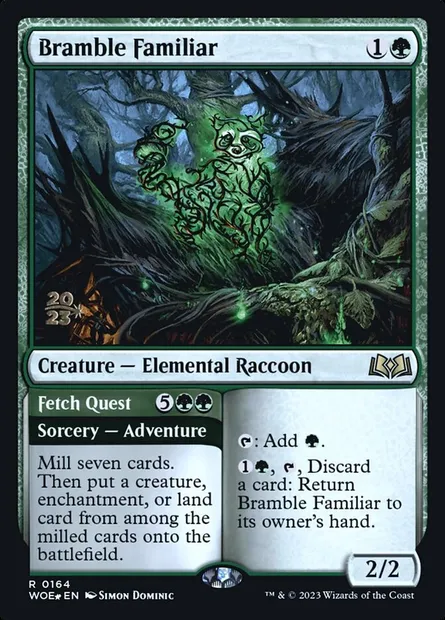 Bramble Familiar // Fetch Quest, Magic card PWOE 164s — Wilds of Eldraine Promos set