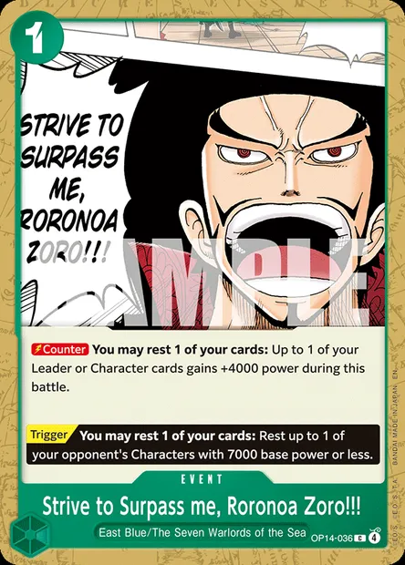 Strive to Surpass me, Roronoa Zoro!!!, One Piece card OP14-036 — THE AZURE SEA’S SEVEN set