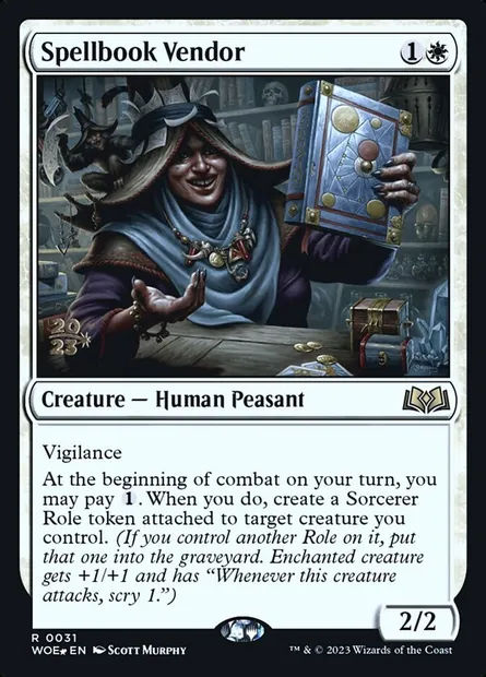 Vendeuse de grimoires, carte Magic PWOE 31s — extension Wilds of Eldraine Promos