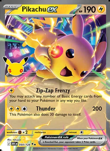 Pikachu ex, Pokémon card 30C 054 — 30th Celebration set