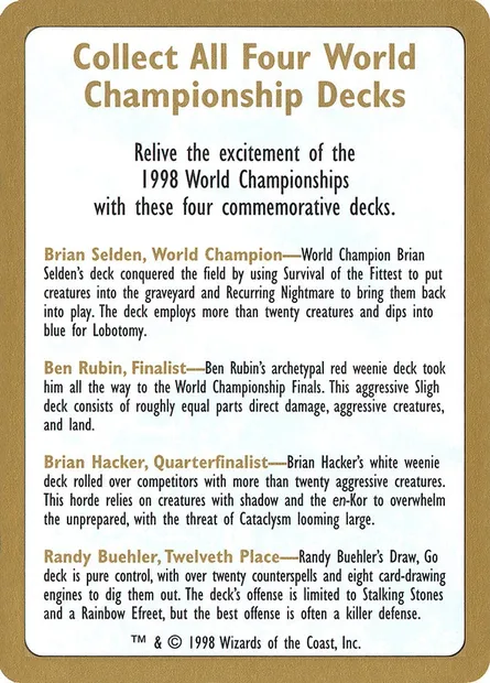 1998 World Championships Ad, Magic card WC98 0 — World Championship Decks 1998 set
