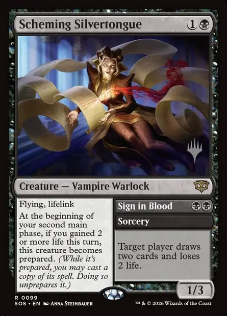 Scheming Silvertongue // Sign in Blood, Magic card PSOS 99p — Secrets of Strixhaven Promos set