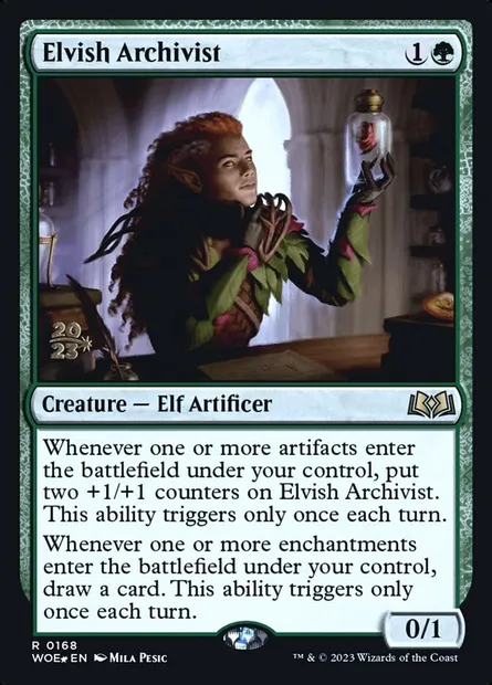 Archiviste elfe, carte Magic PWOE 168s — extension Wilds of Eldraine Promos