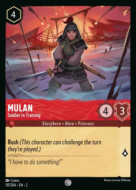 Mulan - Soldier in Training, Disney Lorcana card CH2-117 — Rise of the Floodborn set