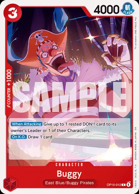 Buggy, One Piece card OP15-012 — ADVENTURE ON KAMI’S ISLAND set