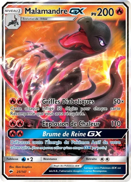 Malamandre GX, carte Pokémon BUS 25 — extension Ombres Ardentes