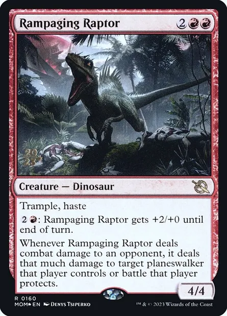 Rampaging Raptor, Magic card PMOM 160s — March of the Machine Promos set