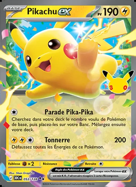 Pikachu-ex, carte Pokémon 30C 053 — extension 30ᵉ Anniversaire