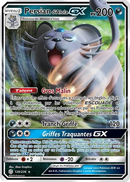 Persian d’Alola GX, carte Pokémon CEC 129 — extension Éclipse Cosmique